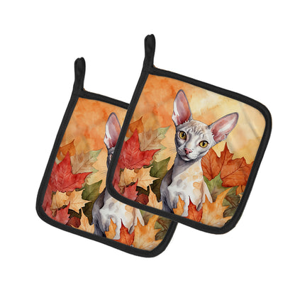 Caroline's Treasures Cornish Rex Cat in Fall Leaves Pair of Pot Holders Kitchen Heat Resistant Pot Holders Sets Oven
