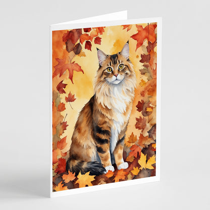 Caroline's Treasures Cymric Cat in Fall Leaves Greeting Cards Pack of 8 Blank Cards with Envelopes Whimsical A7 Size
