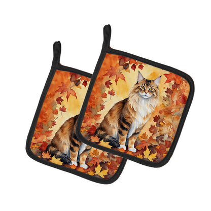 Caroline's Treasures Cymric Cat in Fall Leaves Pair of Pot Holders Kitchen Heat Resistant Pot Holders Sets Oven Hot