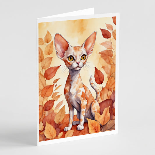 Caroline's Treasures Devon Rex Cat in Fall Leaves Greeting Cards Pack of 8 Blank Cards with Envelopes Whimsical A7 Size