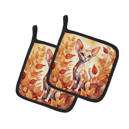 Caroline's Treasures Devon Rex Cat in Fall Leaves Pair of Pot Holders Kitchen Heat Resistant Pot Holders Sets Oven Hot