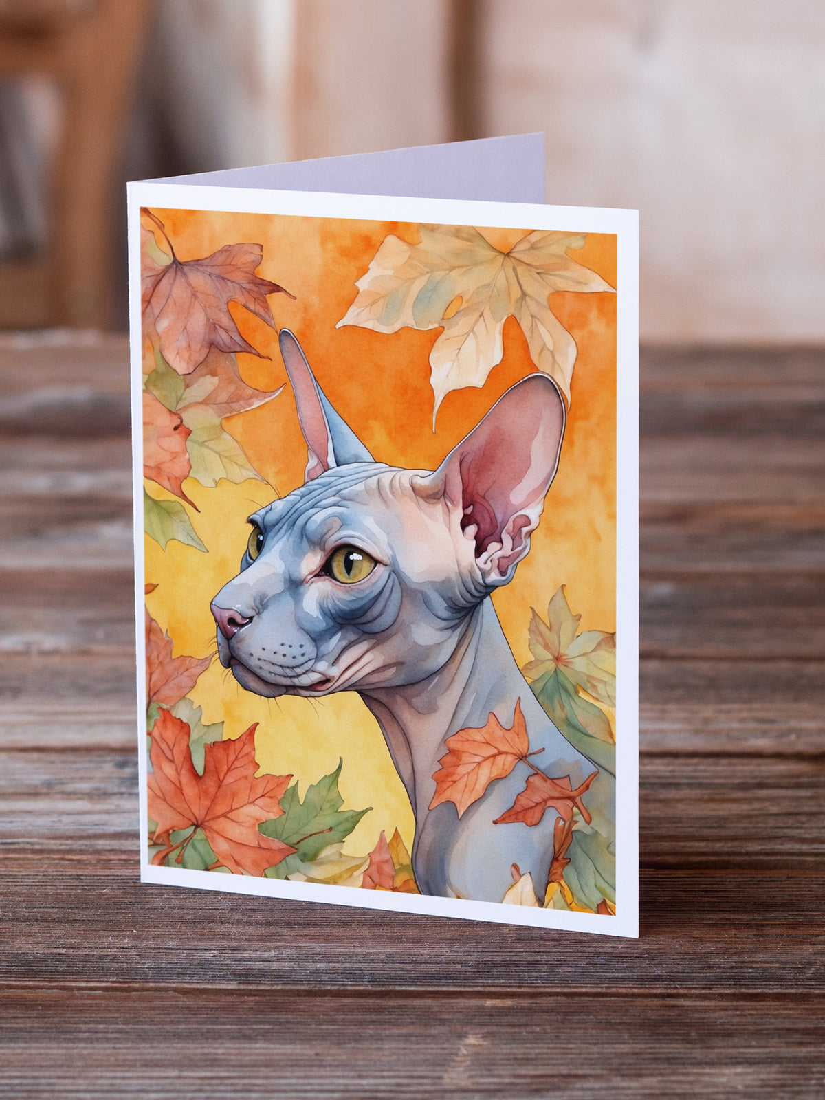 Caroline's Treasures Donskoy Don Sphynx Cat in Fall Leaves Greeting Cards Pack of 8 Blank Cards with Envelopes - image 2