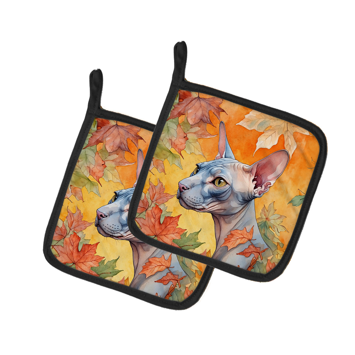 Caroline's Treasures Donskoy Don Sphynx Cat in Fall Leaves Pair of Pot Holders Kitchen Heat Resistant Pot Holders Sets