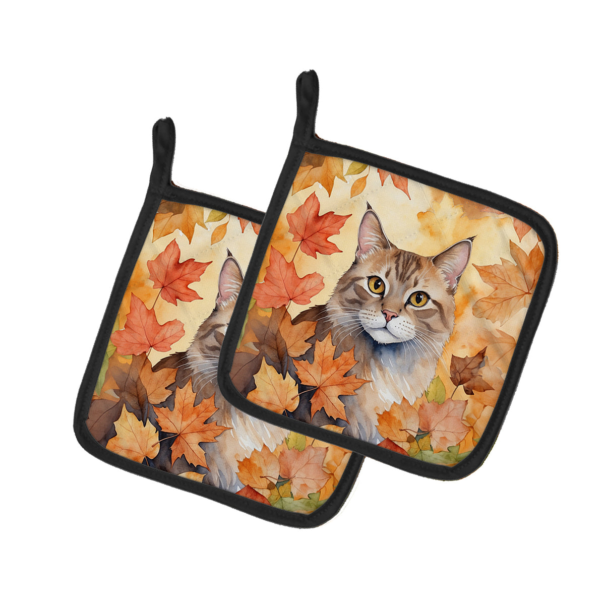 Caroline's Treasures Dwelf Cat in Fall Leaves Pair of Pot Holders Kitchen Heat Resistant Pot Holders Sets Oven Hot Pads
