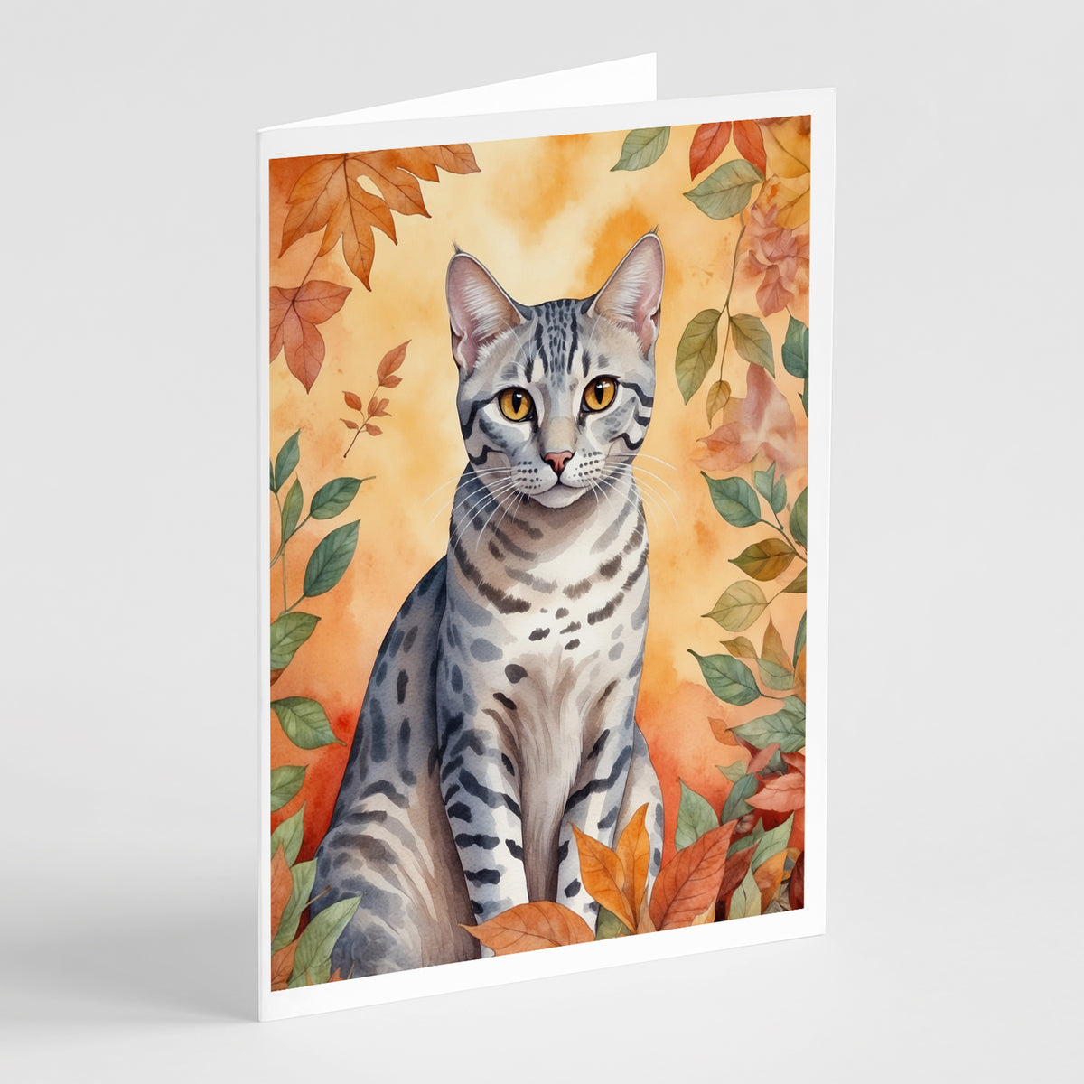 Caroline's Treasures Egyptian Mau Cat in Fall Leaves Greeting Cards Pack of 8 Blank Cards with Envelopes Whimsical A7