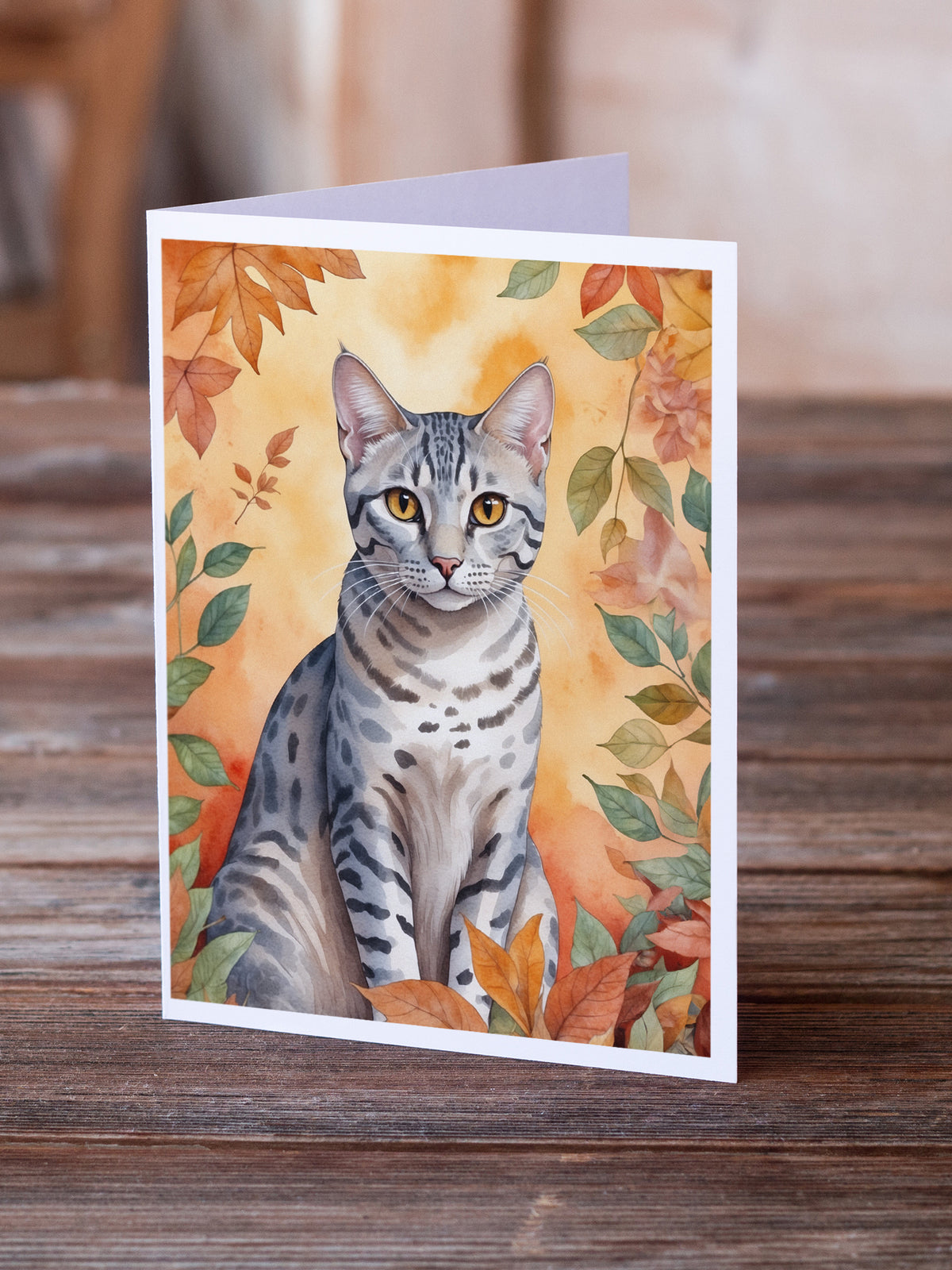 Caroline's Treasures Egyptian Mau Cat in Fall Leaves Greeting Cards Pack of 8 Blank Cards with Envelopes Whimsical A7 - image 2
