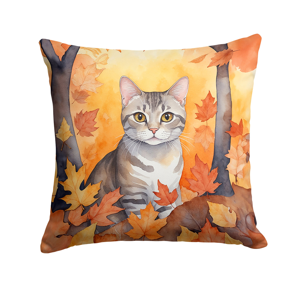 Caroline's Treasures European Shorthair Cat in Fall Leaves Throw Pillow Machine Washable, Indoor Outdoor Decorative