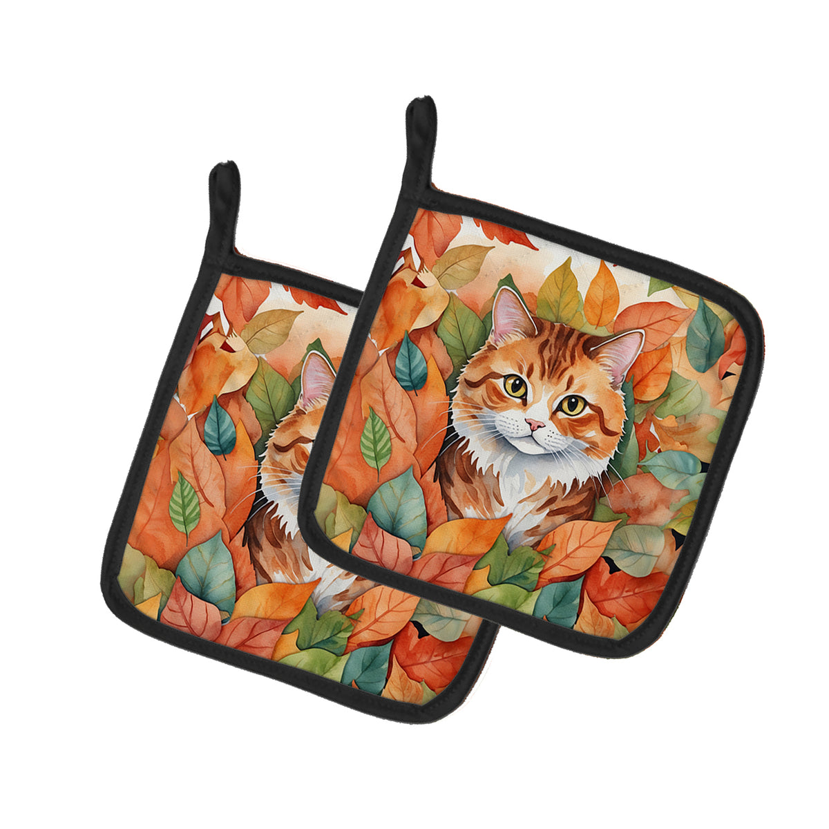 Caroline's Treasures Foldex Exotic Fold Cat in Fall Leaves Pair of Pot Holders Kitchen Heat Resistant Pot Holders Sets