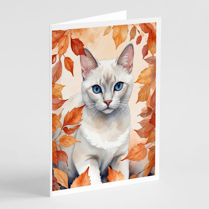 Caroline's Treasures Foreign White Cat in Fall Leaves Greeting Cards Pack of 8 Blank Cards with Envelopes Whimsical A7