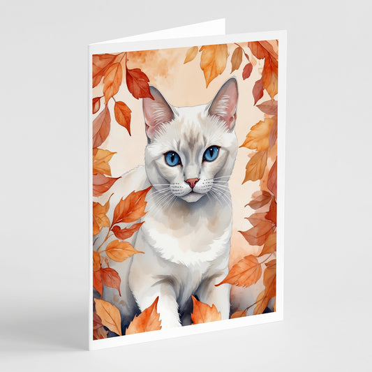 Caroline's Treasures Foreign White Cat in Fall Leaves Greeting Cards Pack of 8 Blank Cards with Envelopes Whimsical A7