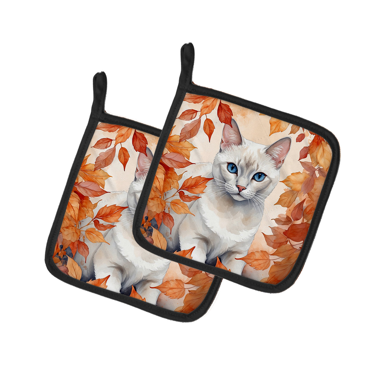 Caroline's Treasures Foreign White Cat in Fall Leaves Pair of Pot Holders Kitchen Heat Resistant Pot Holders Sets Oven