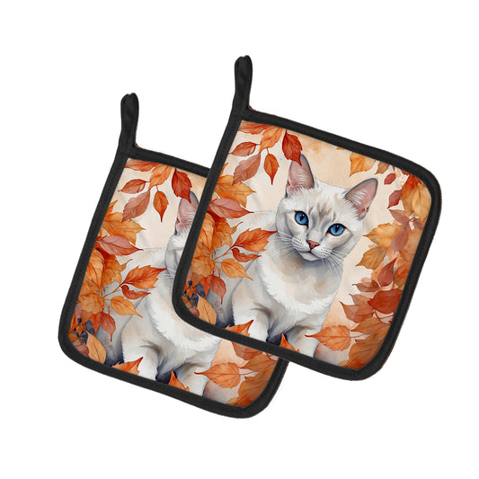 Caroline's Treasures Foreign White Cat in Fall Leaves Pair of Pot Holders Kitchen Heat Resistant Pot Holders Sets Oven