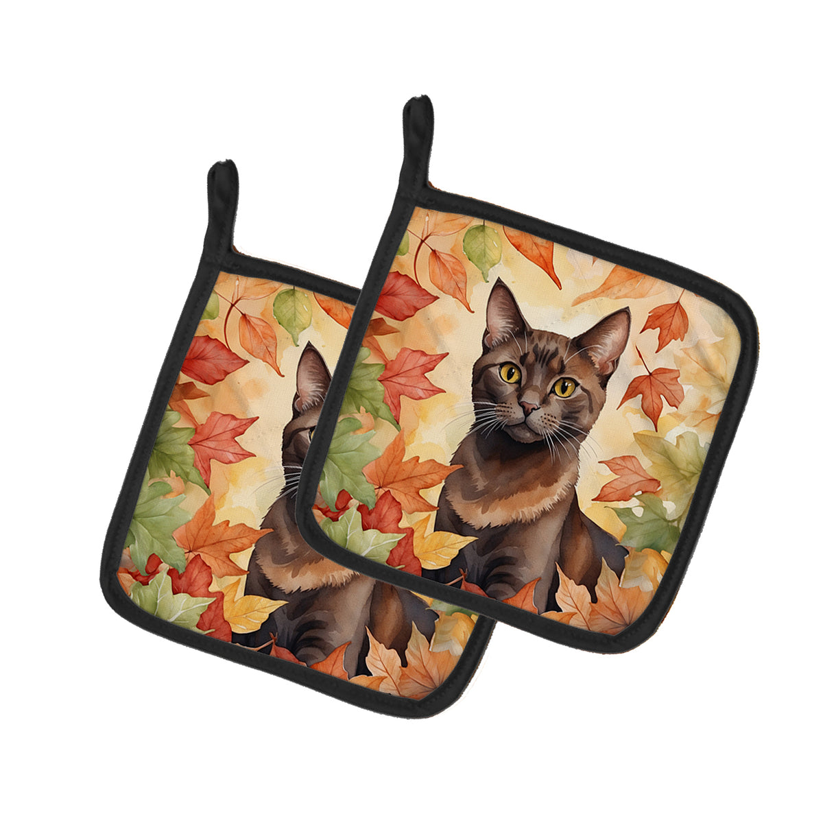 Caroline's Treasures Havana Brown Cat in Fall Leaves Pair of Pot Holders Kitchen Heat Resistant Pot Holders Sets Oven