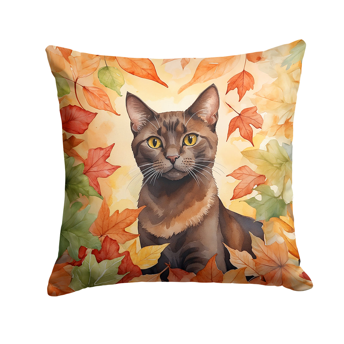 Caroline's Treasures Havana Brown Cat in Fall Leaves Throw Pillow Machine Washable, Indoor Outdoor Decorative Pillow