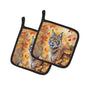 Caroline's Treasures Highlander Lynx Cat in Fall Leaves Pair of Pot Holders Kitchen Heat Resistant Pot Holders Sets