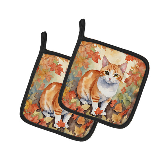 Caroline's Treasures Japanese Bobtail Cat in Fall Leaves Pair of Pot Holders Kitchen Heat Resistant Pot Holders Sets