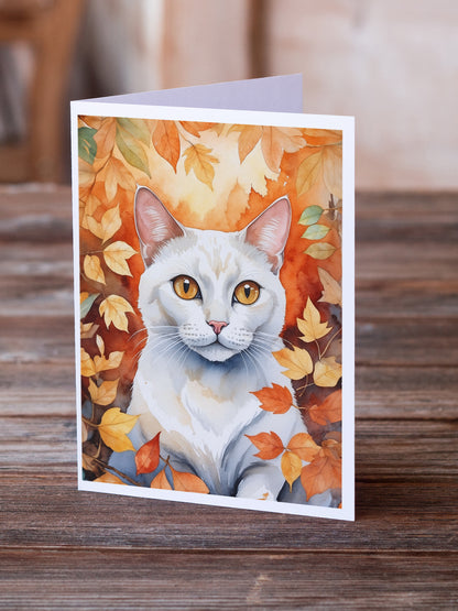 Caroline's Treasures Khao Manee Cat in Fall Leaves Greeting Cards Pack of 8 Blank Cards with Envelopes Whimsical A7 - image 2