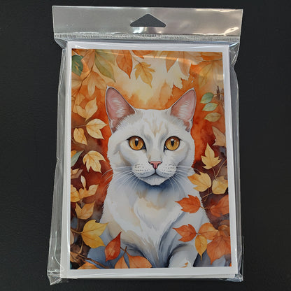 Caroline's Treasures Khao Manee Cat in Fall Leaves Greeting Cards Pack of 8 Blank Cards with Envelopes Whimsical A7 - image 3