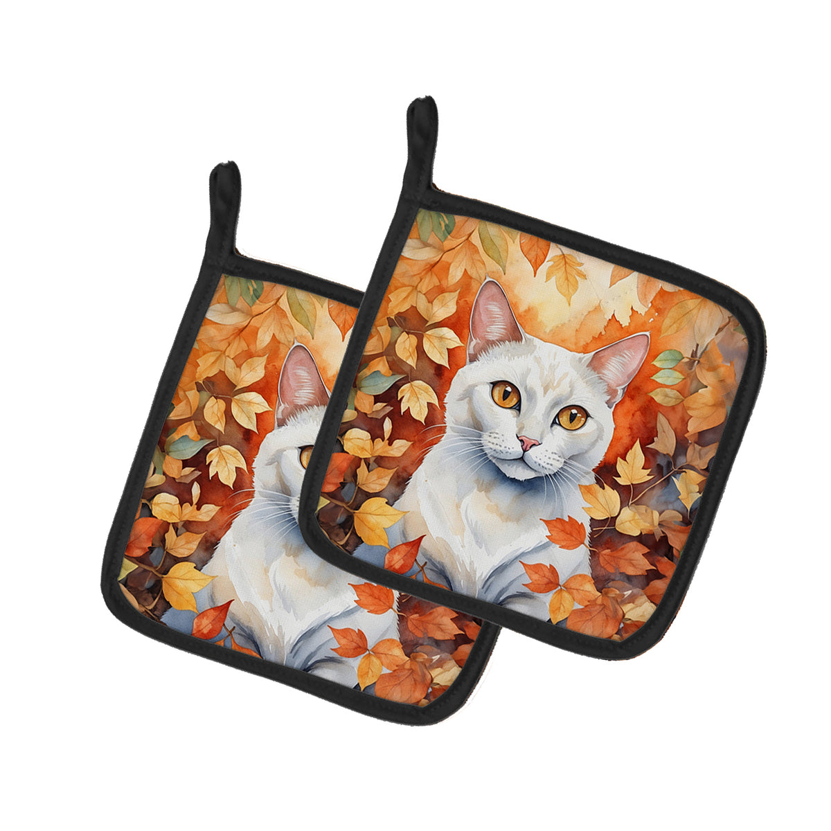 Caroline's Treasures Khao Manee Cat in Fall Leaves Pair of Pot Holders Kitchen Heat Resistant Pot Holders Sets Oven Hot