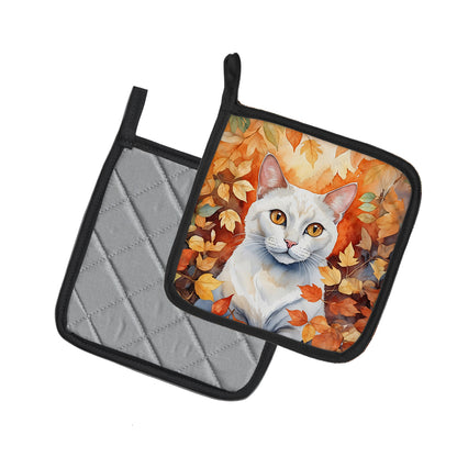 Caroline's Treasures Khao Manee Cat in Fall Leaves Pair of Pot Holders Kitchen Heat Resistant Pot Holders Sets Oven Hot - image 2