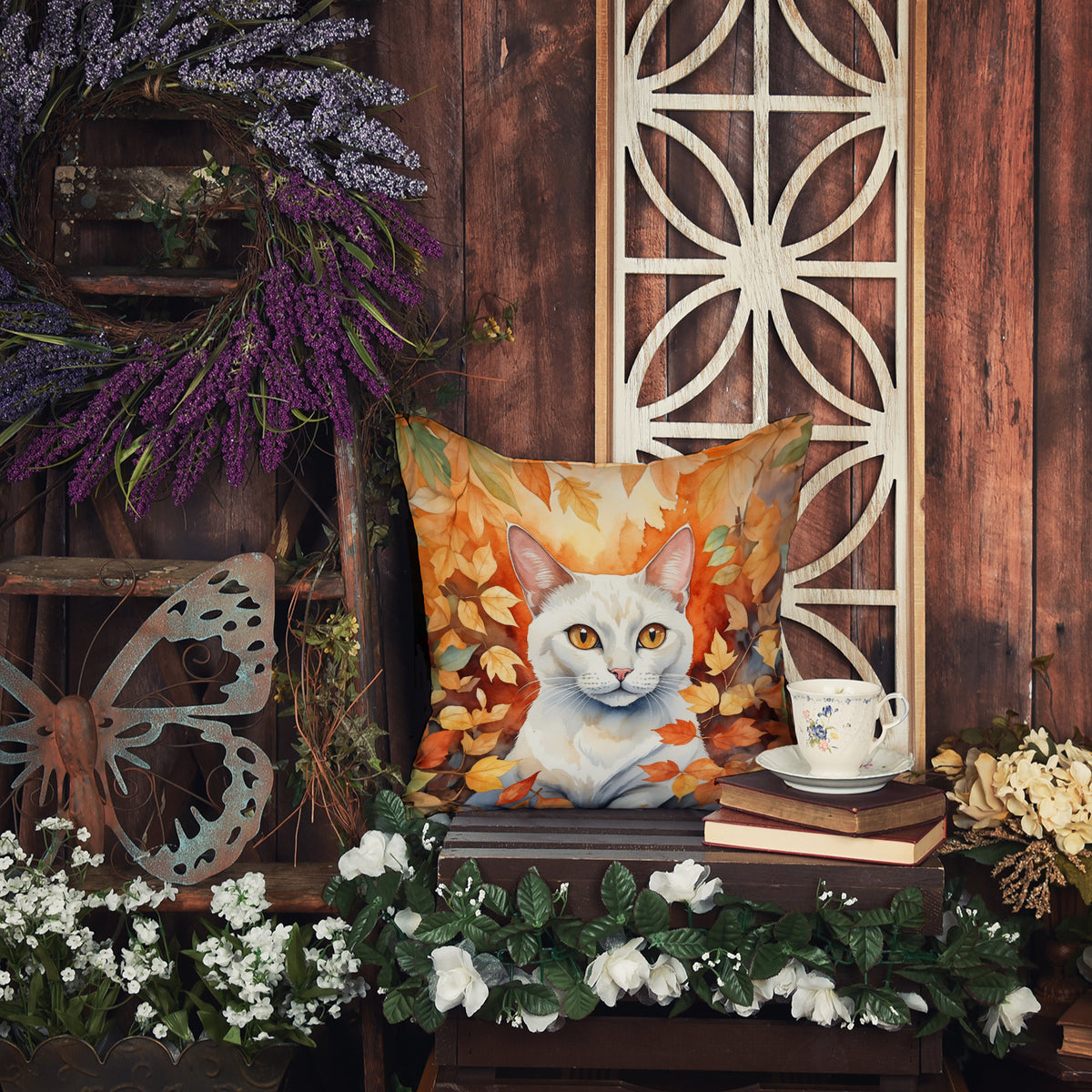 Caroline's Treasures Khao Manee Cat in Fall Leaves Throw Pillow Machine Washable, Indoor Outdoor Decorative Pillow for - image 5