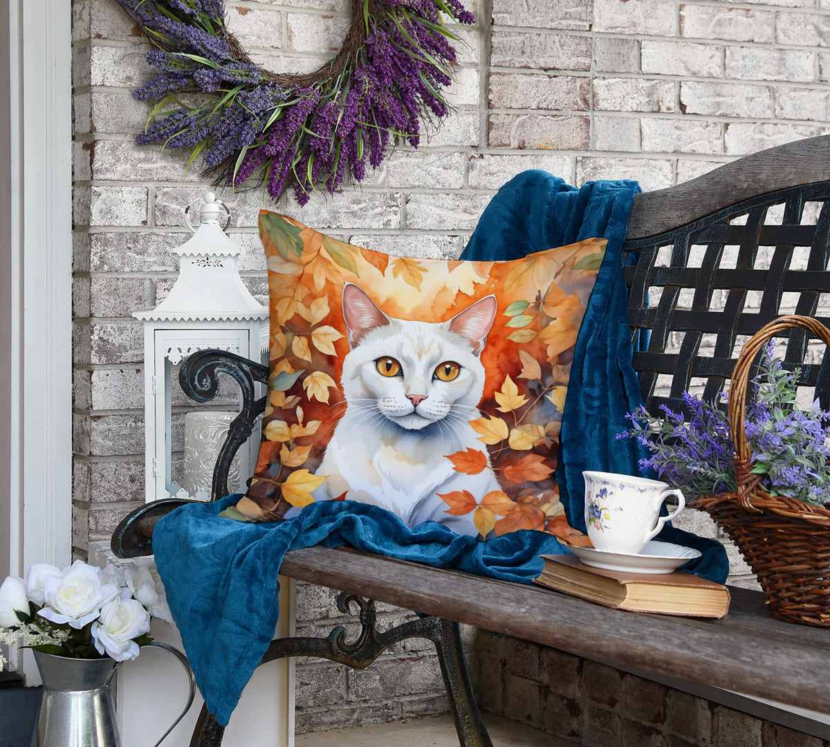 Caroline's Treasures Khao Manee Cat in Fall Leaves Throw Pillow Machine Washable, Indoor Outdoor Decorative Pillow for - image 4