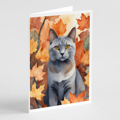 Caroline's Treasures Korat Cat in Fall Leaves Greeting Cards Pack of 8 Blank Cards with Envelopes Whimsical A7 Size 5x7