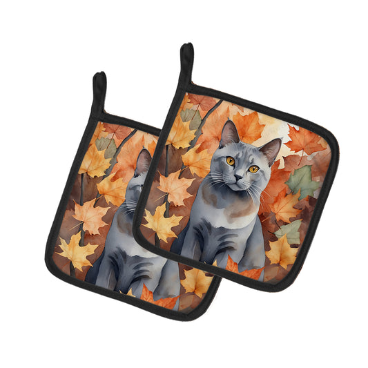 Caroline's Treasures Korat Cat in Fall Leaves Pair of Pot Holders Kitchen Heat Resistant Pot Holders Sets Oven Hot Pads