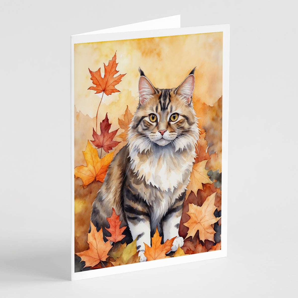 Caroline's Treasures Kurilian Bobtail Cat in Fall Leaves Greeting Cards Pack of 8 Blank Cards with Envelopes Whimsical