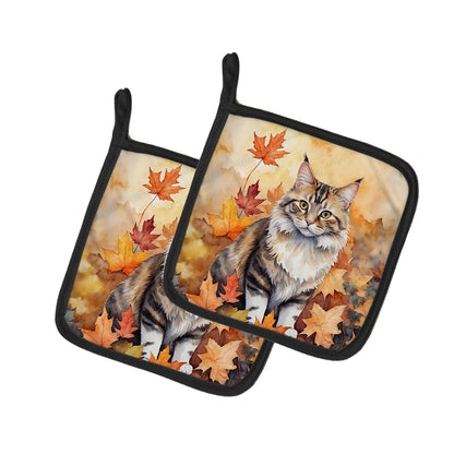 Caroline's Treasures Kurilian Bobtail Cat in Fall Leaves Pair of Pot Holders Kitchen Heat Resistant Pot Holders Sets