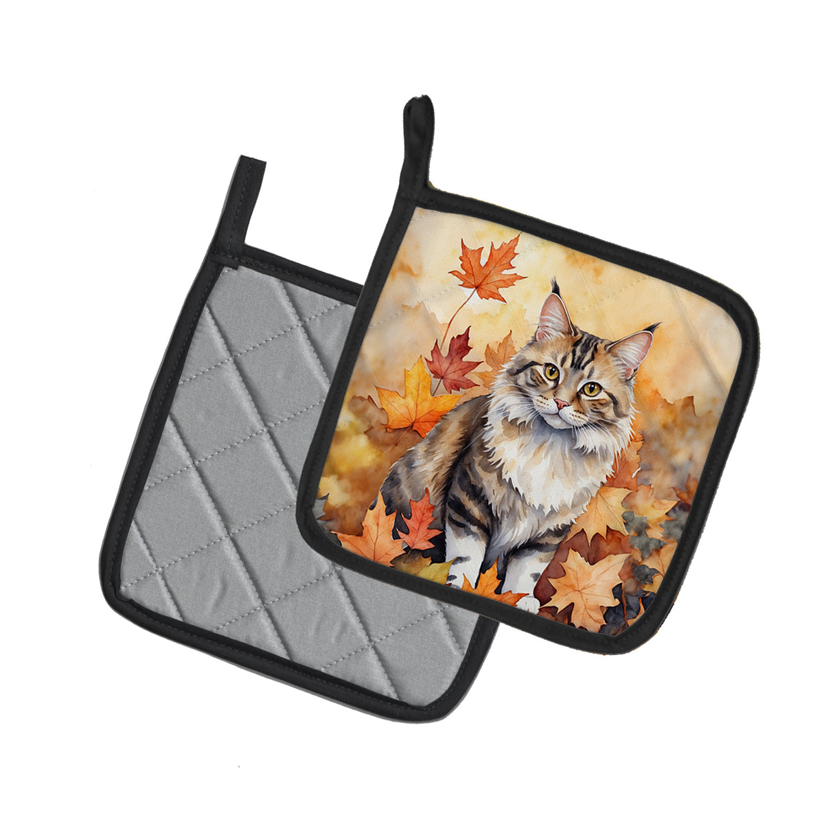 Caroline's Treasures Kurilian Bobtail Cat in Fall Leaves Pair of Pot Holders Kitchen Heat Resistant Pot Holders Sets - image 2