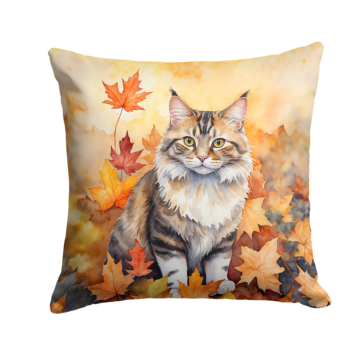 Caroline's Treasures Kurilian Bobtail Cat in Fall Leaves Throw Pillow Machine Washable, Indoor Outdoor Decorative