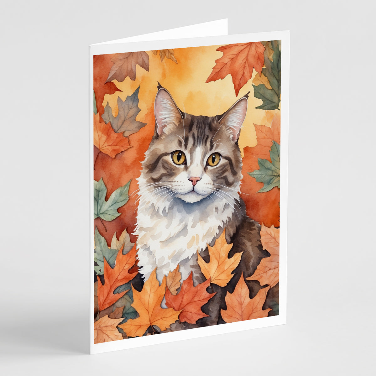 Caroline's Treasures La Perm Cat in Fall Leaves Greeting Cards Pack of 8 Blank Cards with Envelopes Whimsical A7 Size