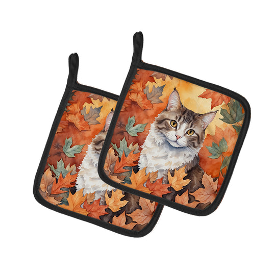 Caroline's Treasures La Perm Cat in Fall Leaves Pair of Pot Holders Kitchen Heat Resistant Pot Holders Sets Oven Hot
