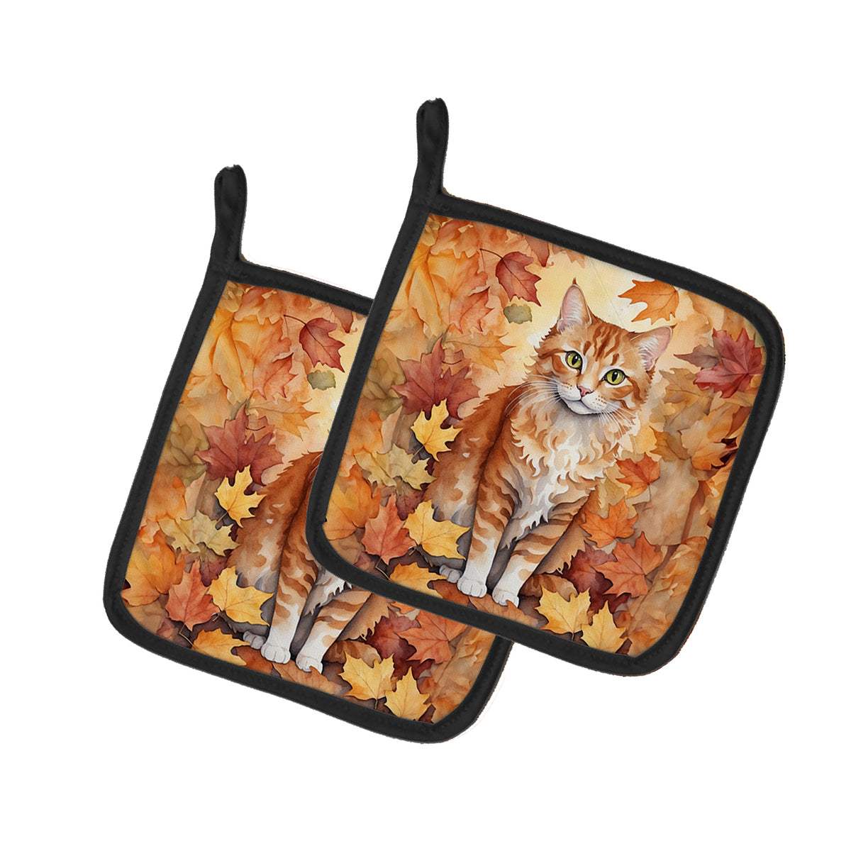 Caroline's Treasures La Perm Cat in Fall Leaves Pair of Pot Holders Kitchen Heat Resistant Pot Holders Sets Oven Hot