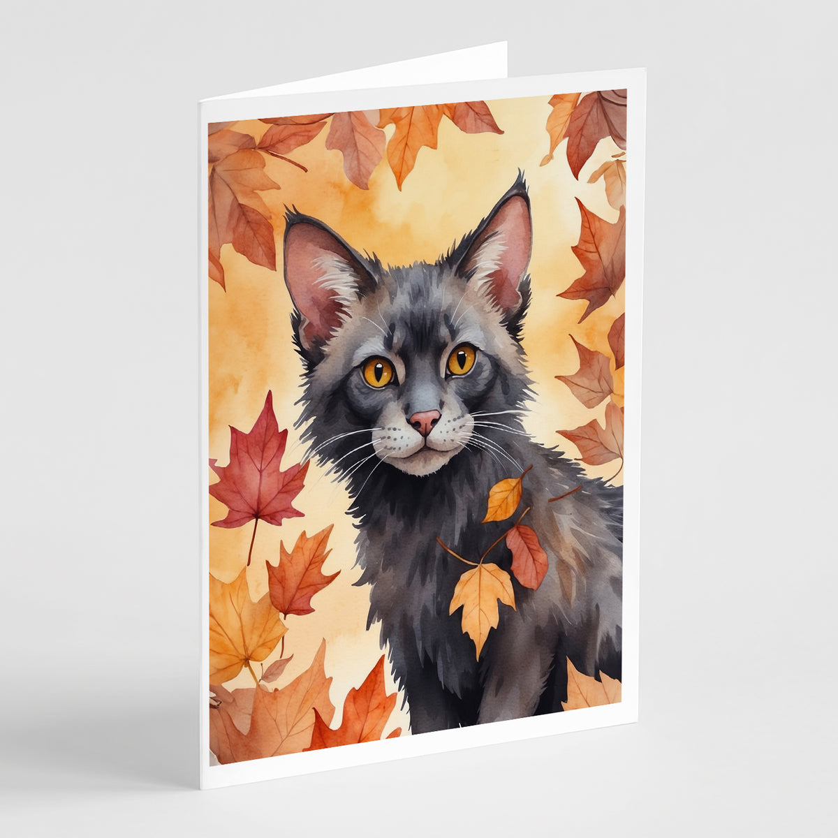 Caroline's Treasures Lykoi Cat in Fall Leaves Greeting Cards Pack of 8 Blank Cards with Envelopes Whimsical A7 Size 5x7