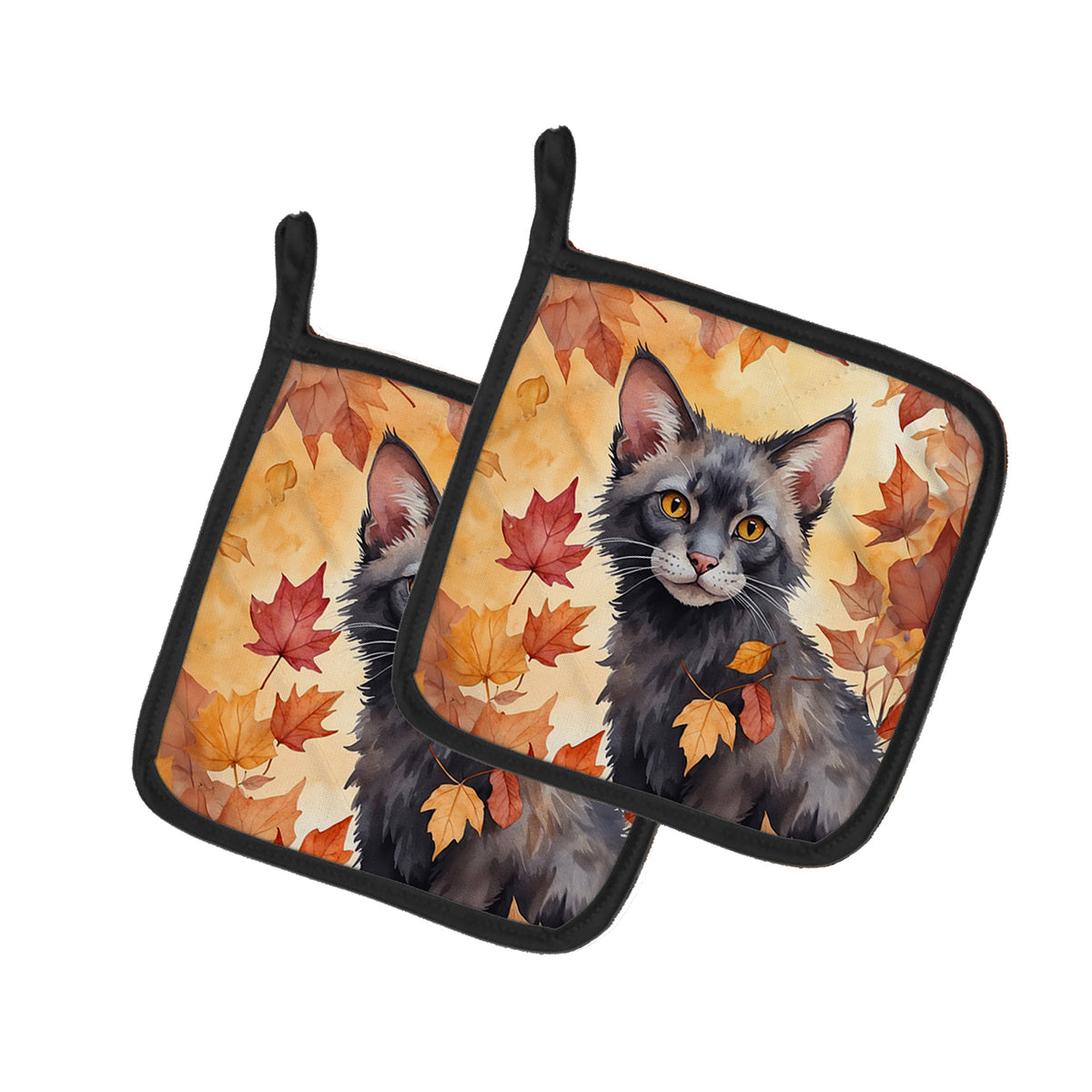 Caroline's Treasures Lykoi Cat in Fall Leaves Pair of Pot Holders Kitchen Heat Resistant Pot Holders Sets Oven Hot Pads