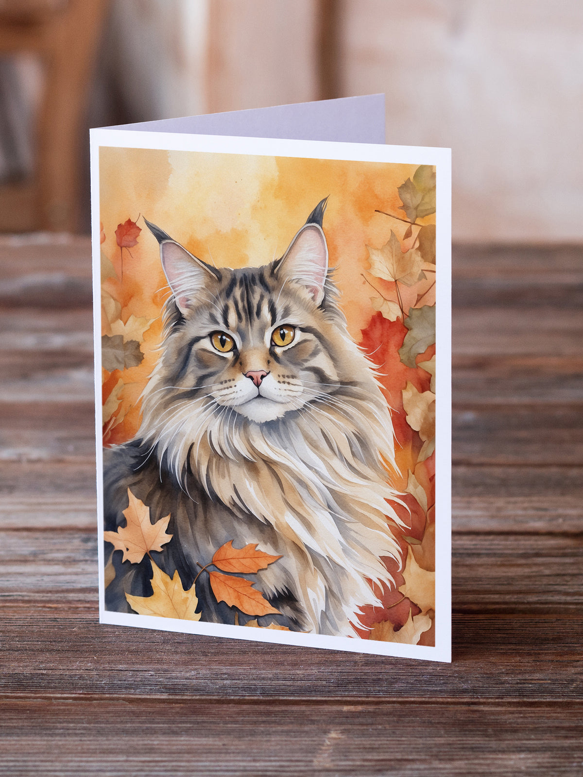 Caroline's Treasures MaineCoon Cat in Fall Leaves Greeting Cards Pack of 8 Blank Cards with Envelopes Whimsical A7 Size - image 2