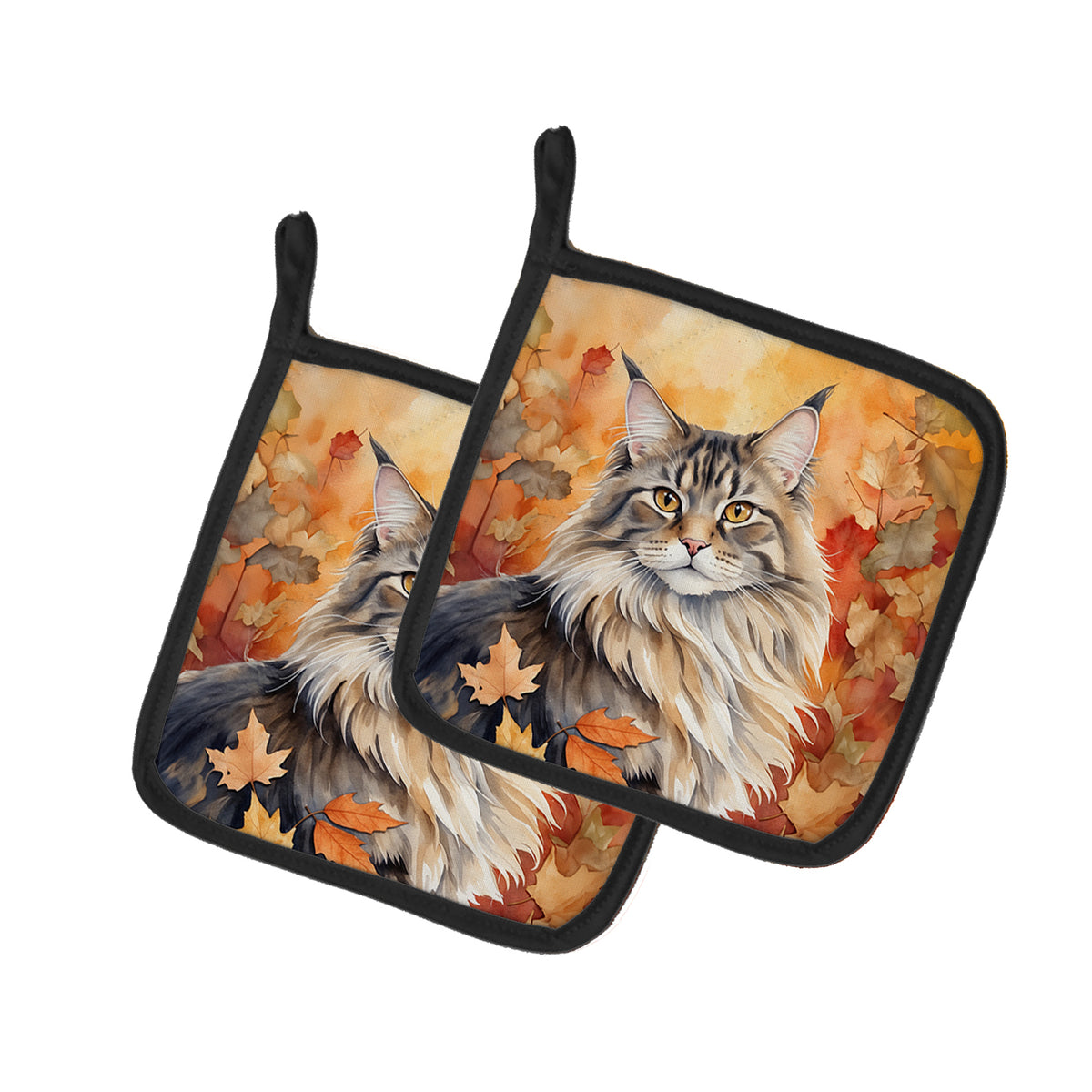 Caroline's Treasures MaineCoon Cat in Fall Leaves Pair of Pot Holders Kitchen Heat Resistant Pot Holders Sets Oven Hot