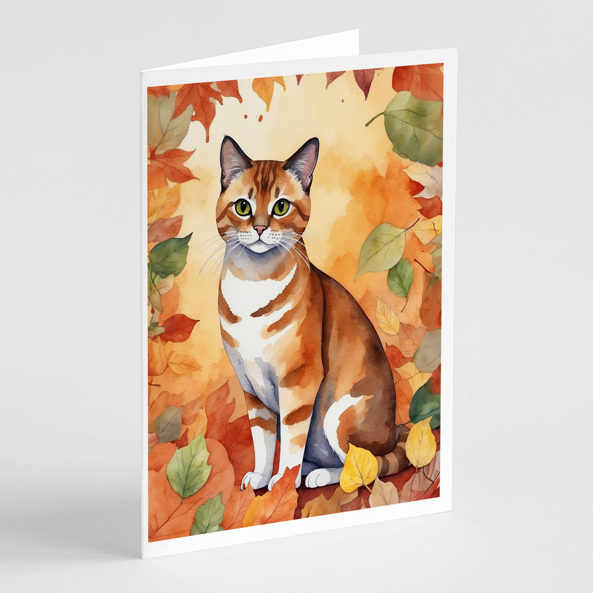 Caroline's Treasures Malayan Cat in Fall Leaves Greeting Cards Pack of 8 Blank Cards with Envelopes Whimsical A7 Size