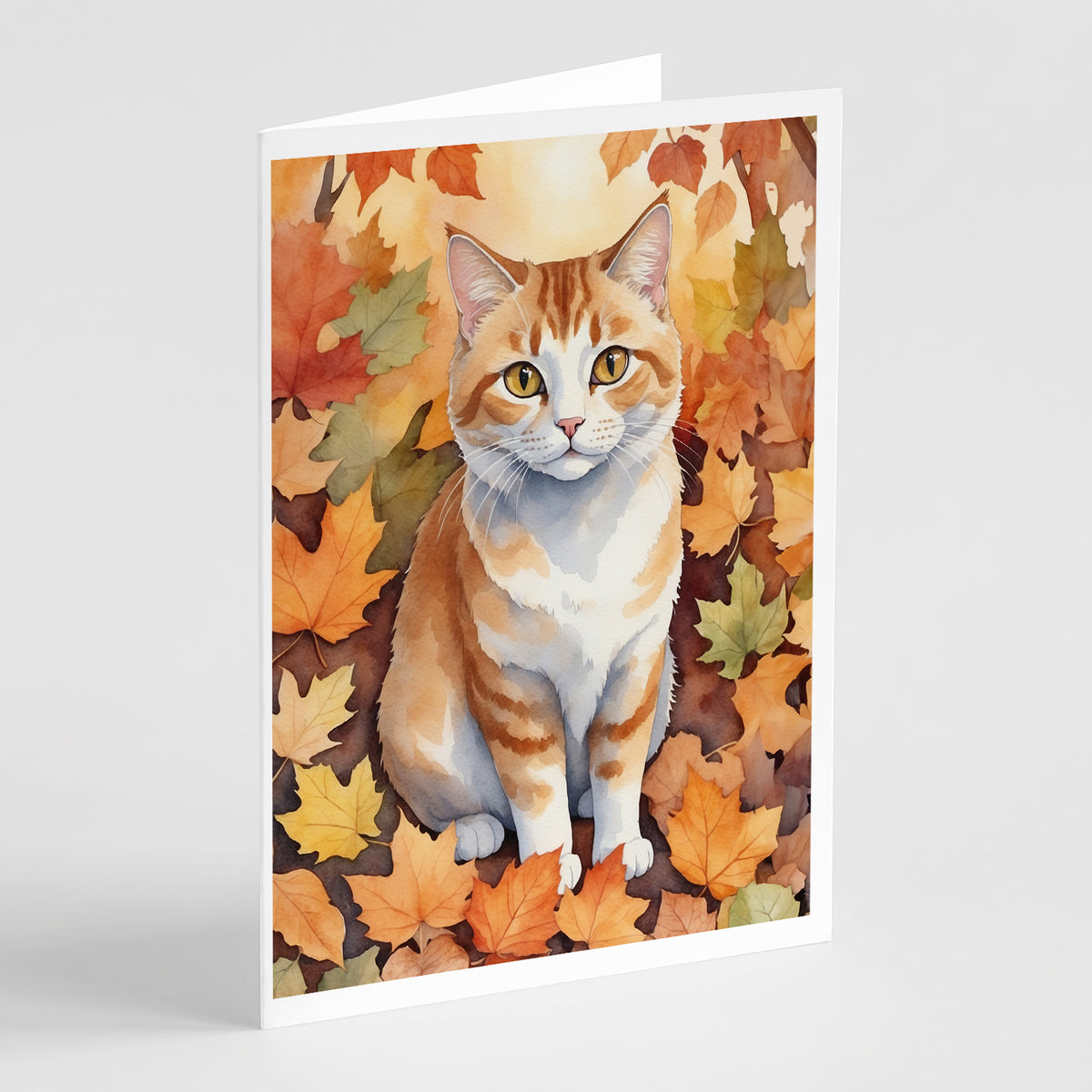 Caroline's Treasures Manx Cat in Fall Leaves Greeting Cards Pack of 8 Blank Cards with Envelopes Whimsical A7 Size 5x7