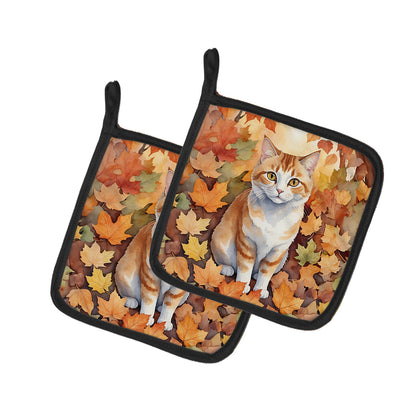 Caroline's Treasures Manx Cat in Fall Leaves Pair of Pot Holders Kitchen Heat Resistant Pot Holders Sets Oven Hot Pads