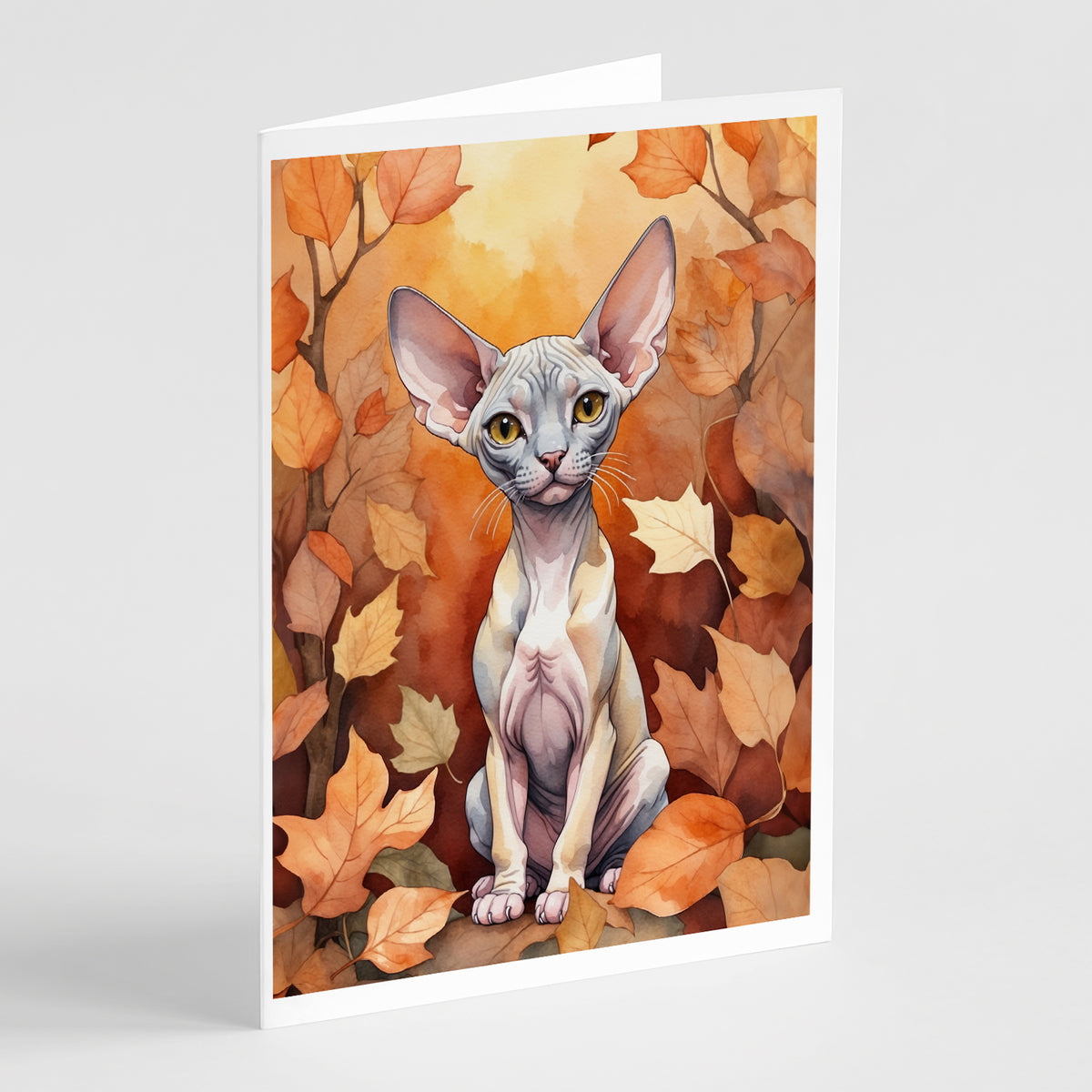 Caroline's Treasures Minskin Cat in Fall Leaves Greeting Cards Pack of 8 Blank Cards with Envelopes Whimsical A7 Size