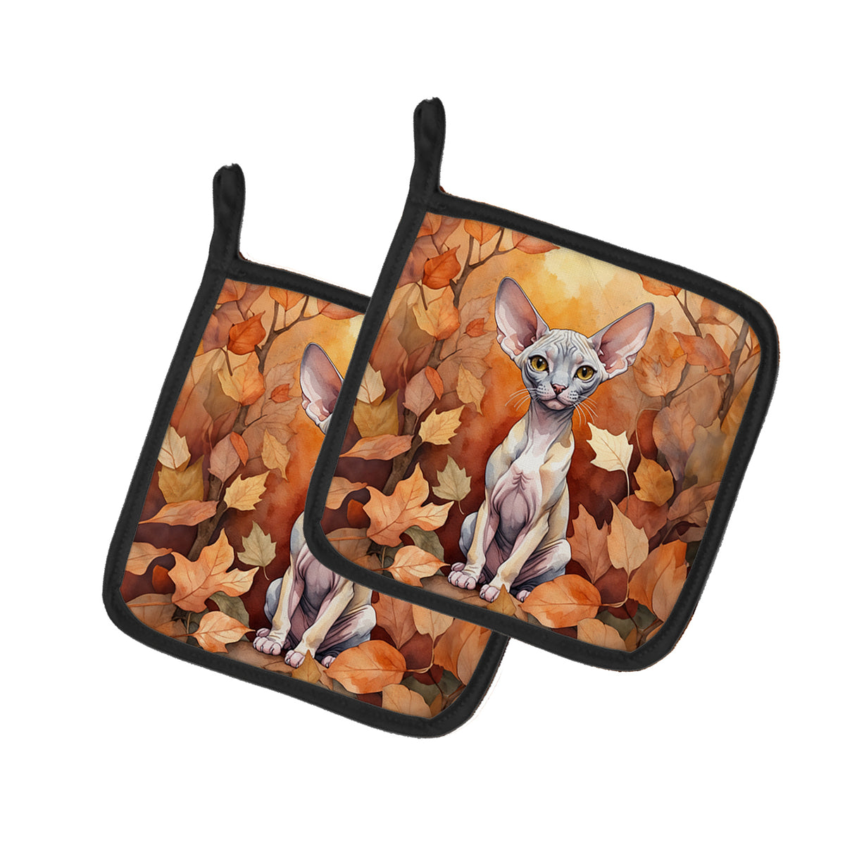 Caroline's Treasures Minskin Cat in Fall Leaves Pair of Pot Holders Kitchen Heat Resistant Pot Holders Sets Oven Hot