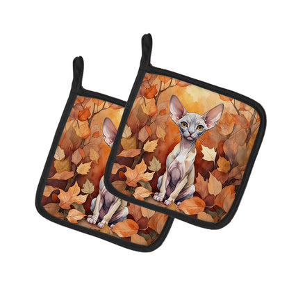 Caroline's Treasures Minskin Cat in Fall Leaves Pair of Pot Holders Kitchen Heat Resistant Pot Holders Sets Oven Hot