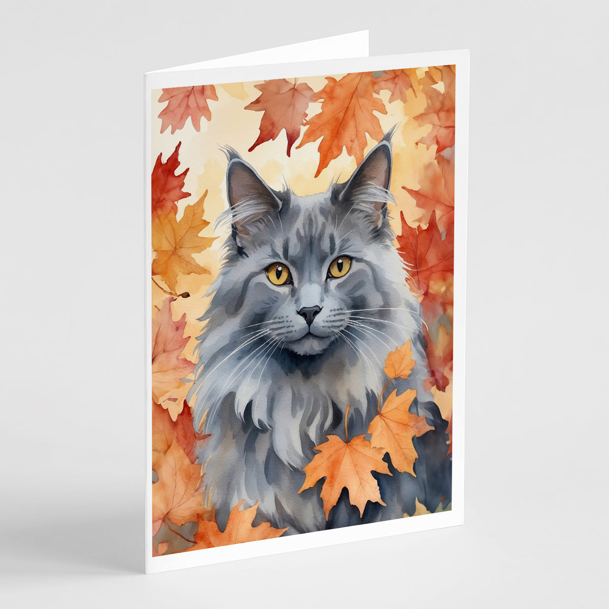 Caroline's Treasures Nebelung Cat in Fall Leaves Greeting Cards Pack of 8 Blank Cards with Envelopes Whimsical A7 Size