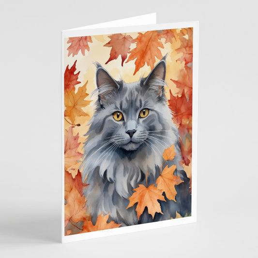 Caroline's Treasures Nebelung Cat in Fall Leaves Greeting Cards Pack of 8 Blank Cards with Envelopes Whimsical A7 Size