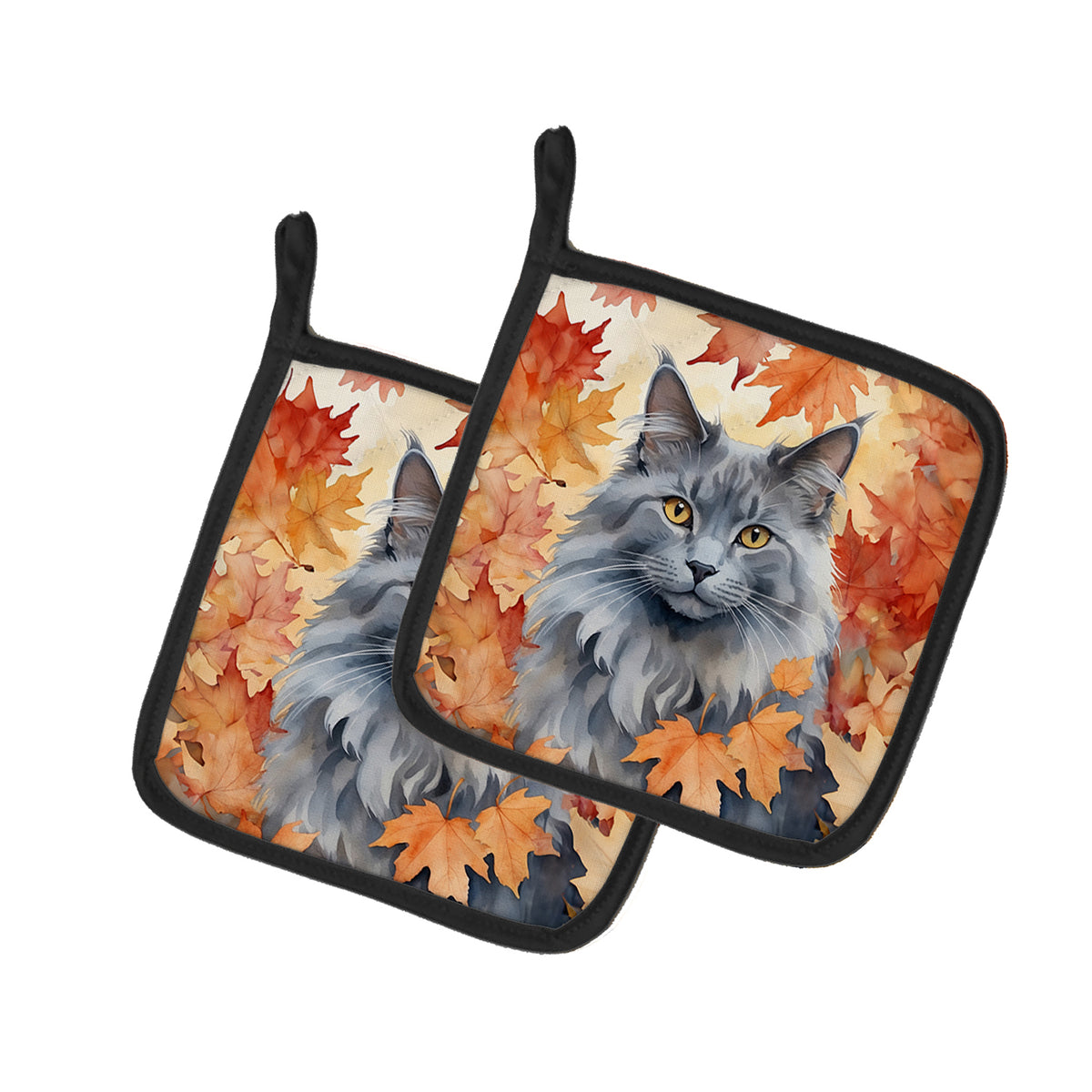 Caroline's Treasures Nebelung Cat in Fall Leaves Pair of Pot Holders Kitchen Heat Resistant Pot Holders Sets Oven Hot