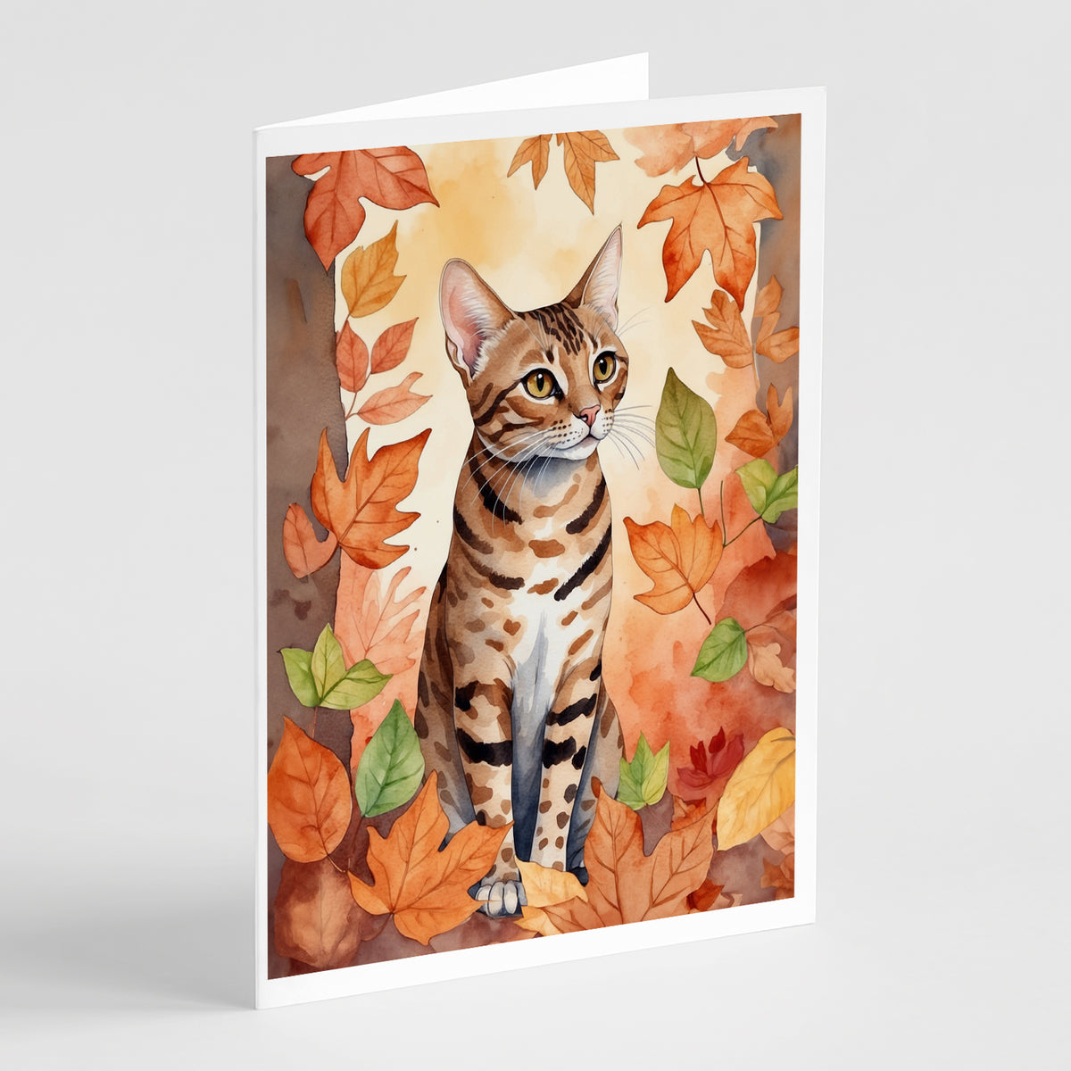 Caroline's Treasures Ocicat Cat in Fall Leaves Greeting Cards Pack of 8 Blank Cards with Envelopes Whimsical A7 Size