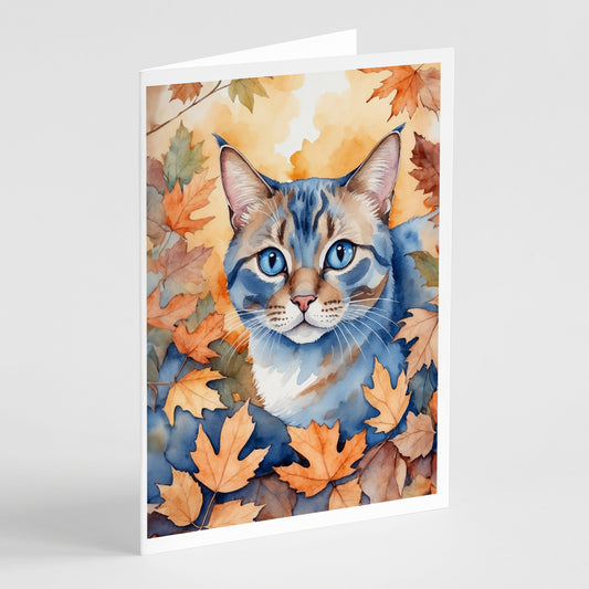 Caroline's Treasures Ojos Azules Cat in Fall Leaves Greeting Cards Pack of 8 Blank Cards with Envelopes Whimsical A7